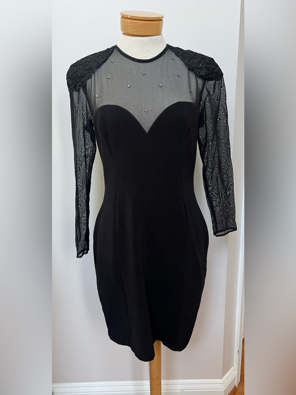 Vintage 80s Black Bodycon Dress Mesh Sheer Lace Rhinestone Party Cocktail Size 6